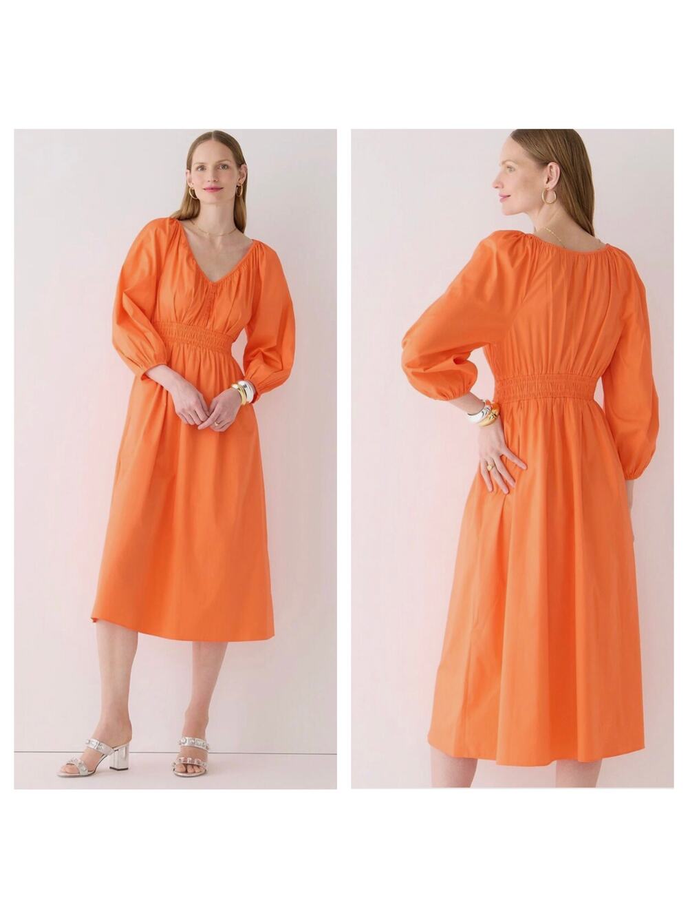 NWT J. CREW Orange Cotton Poplin V Neck Smocked Waist Midi Dress Size XS Boho